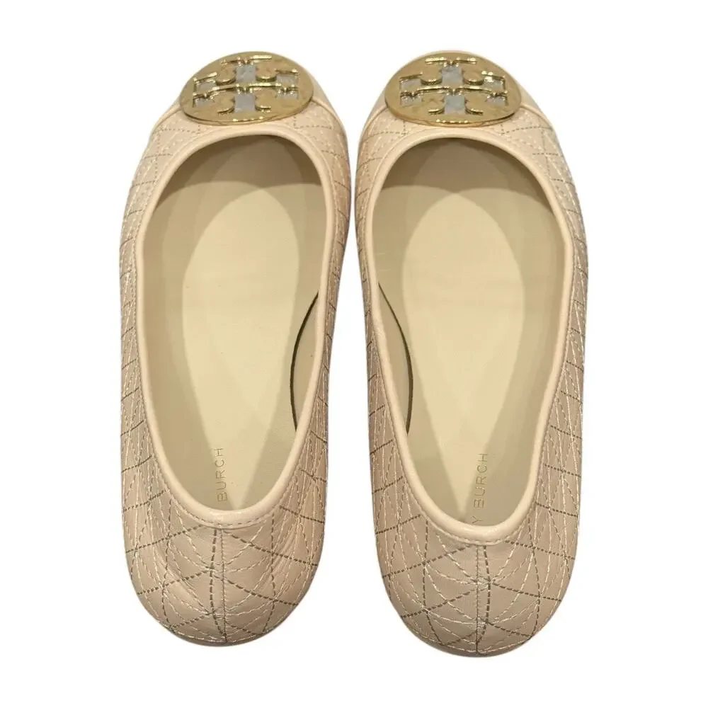 Tory Burch Claire Quilted Ballet Flats Beige Cap Toe Leather Size 8.5 Pristine